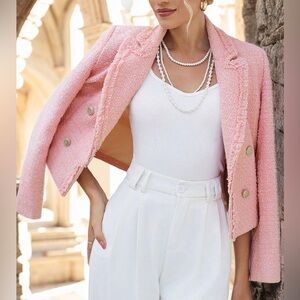 Mina Self Tweed Crop Blazer Pink Jacket Sz XXL double breasted Business Casual